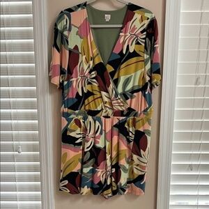 LOFT Multi-Color Tropical Wrap Romper in Pink, Green & Black
